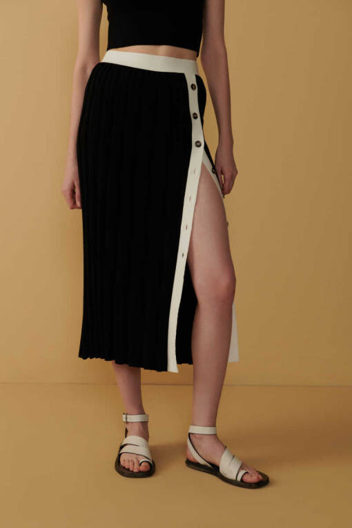 Button Slit Striped Black Skirt - 3