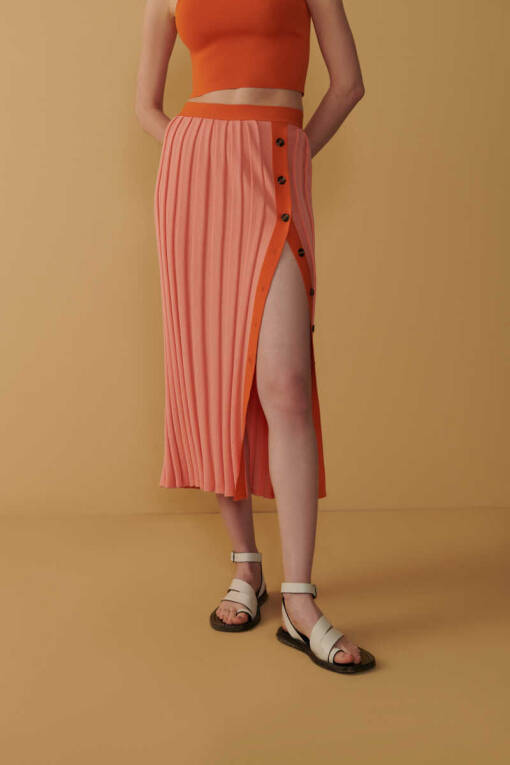 Button Slit Striped Pink Skirt - 1