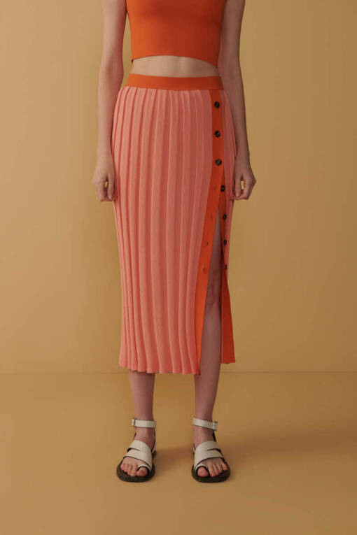 Button Slit Striped Pink Skirt - 2