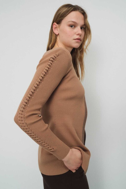 Camel Cardigan with Knit Detail - 2