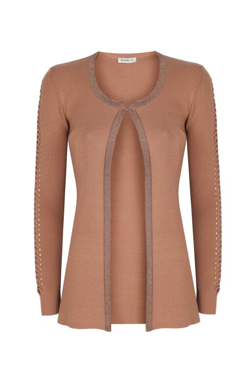 Camel Cardigan with Knit Detail - 4
