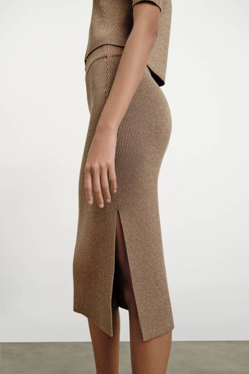 Camel Midi Skirt with Slit Detail - 3