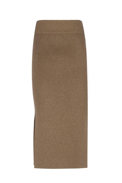 Camel Midi Skirt with Slit Detail - 5