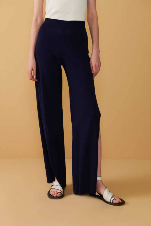 Navy Blue Knitwear Trousers with Slit Detail - 1