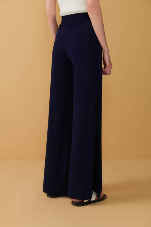 Navy Blue Knitwear Trousers with Slit Detail - 2