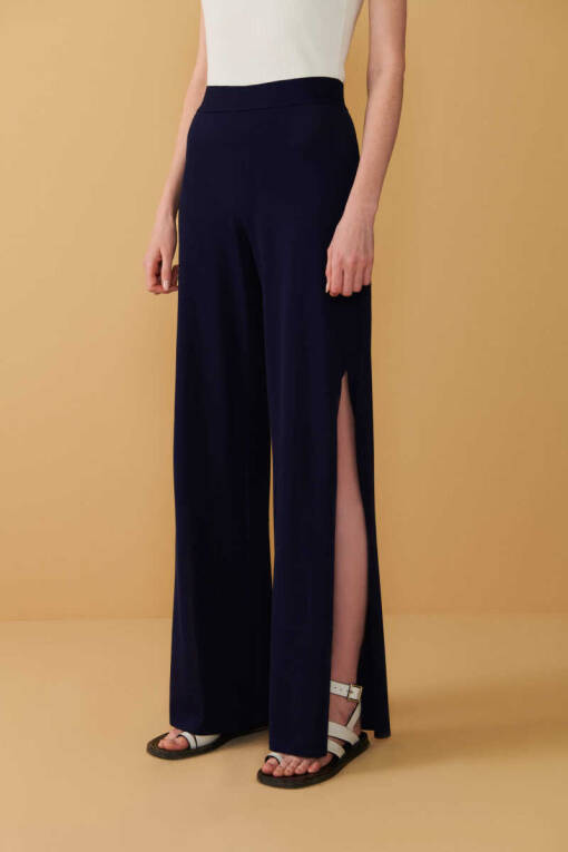 Navy Blue Knitwear Trousers with Slit Detail - 3