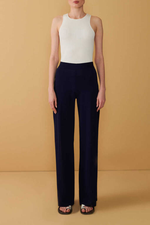 Navy Blue Knitwear Trousers with Slit Detail - 4