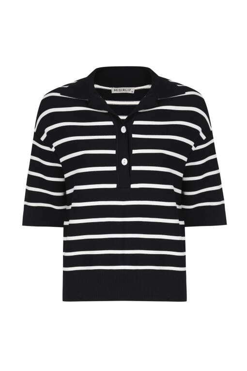 Geometric Pattern Shirt Collar Black Sweater - 4