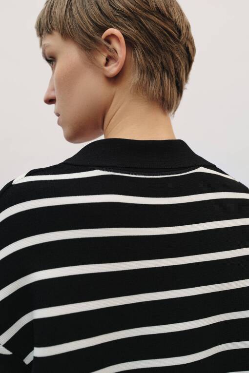 Geometric Pattern Shirt Collar Black Sweater - 3