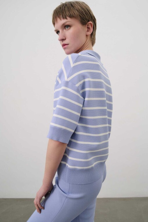 Geometric Pattern Shirt Collar Lilac Sweater - 2
