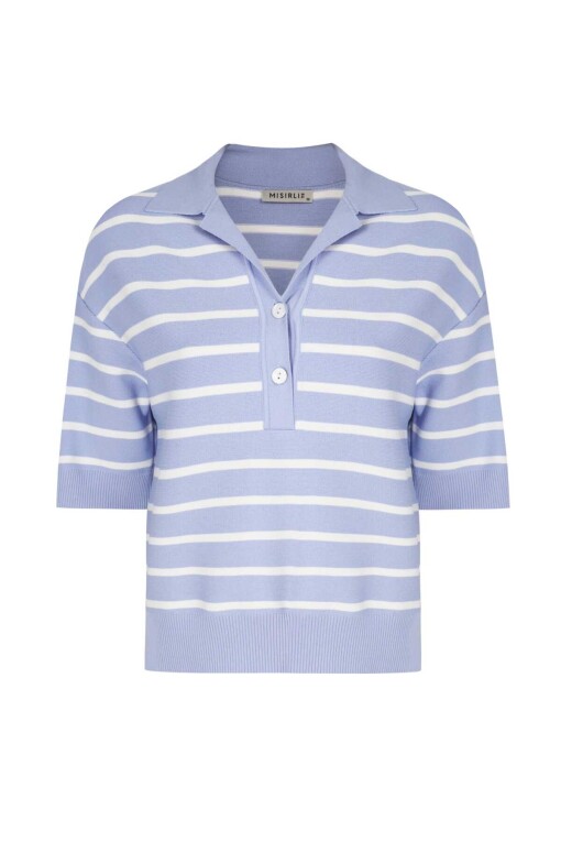 Geometric Pattern Shirt Collar Lilac Sweater - 4