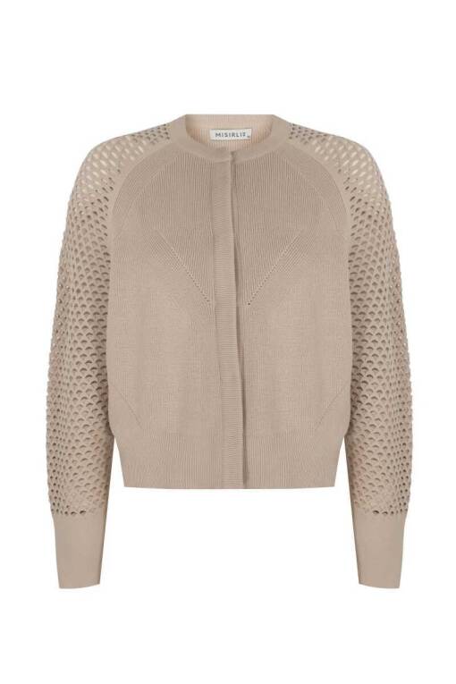 Hole Pattern Sleeve Beige Sweater Cardigan - 5