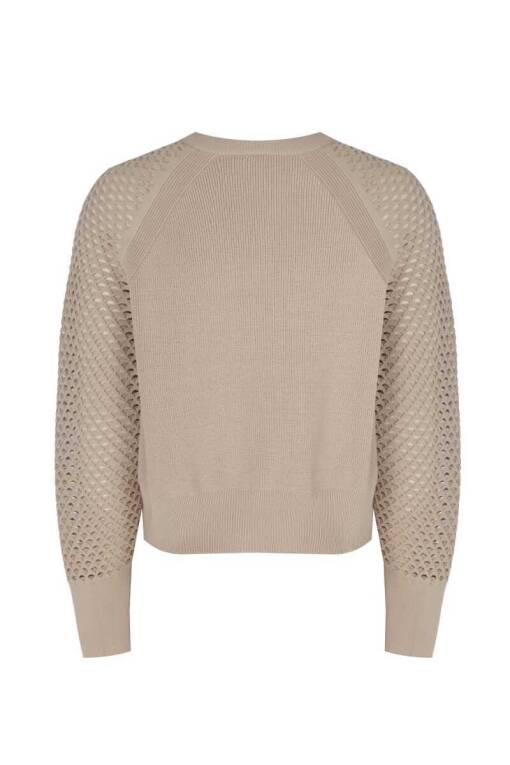 Hole Pattern Sleeve Beige Sweater Cardigan - 6