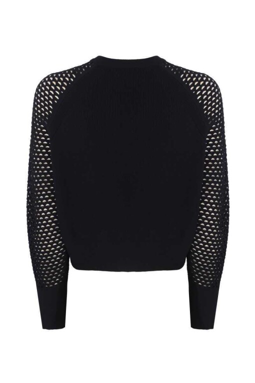 Hole Pattern Sleeve Black Sweater Cardigan - 4