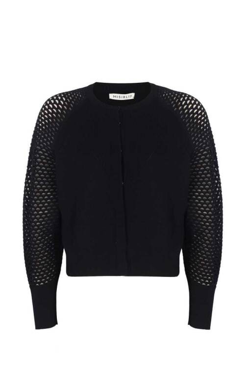 Hole Pattern Sleeve Black Sweater Cardigan - 5