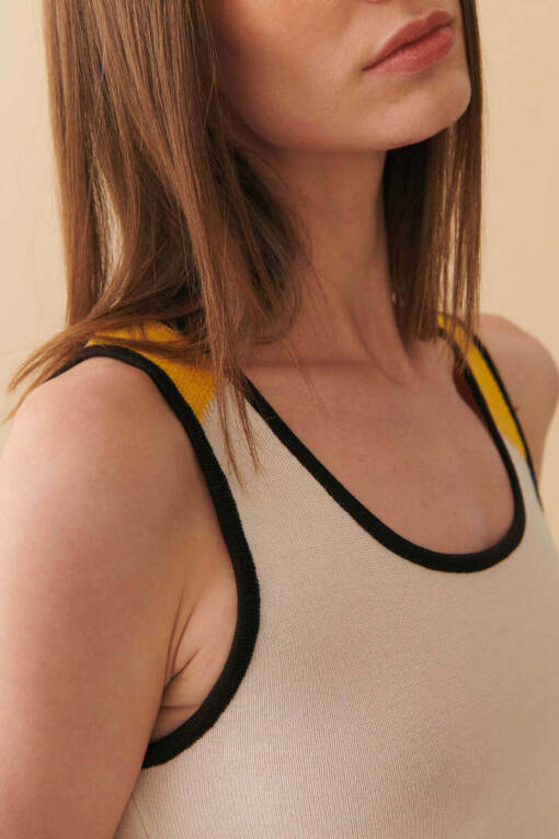 Light Beige Tricot Undershirt, Round Neck with Shoulder Detail - 2