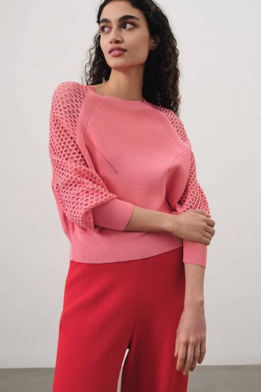 Mesh Sleeve Pink Sweater Sweater - 1