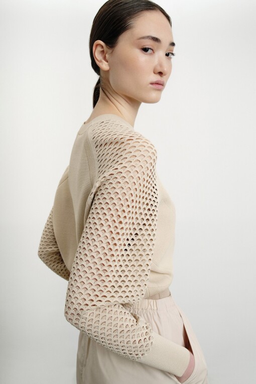 Mesh Sleeve Sweater Beige Sweater 