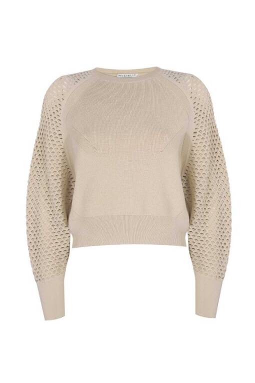 Mesh Sleeve Sweater Beige Sweater - 5