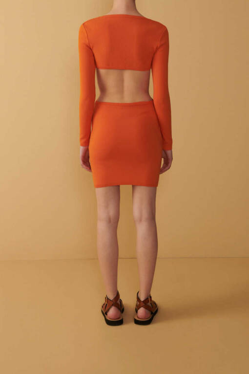Orange Cutout Long Sleeve Dress - 4