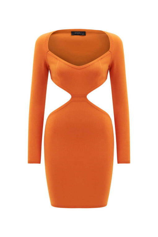 Orange Cutout Long Sleeve Dress - 5