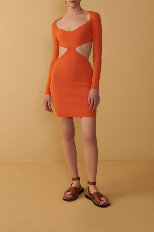 Orange Cutout Long Sleeve Dress 