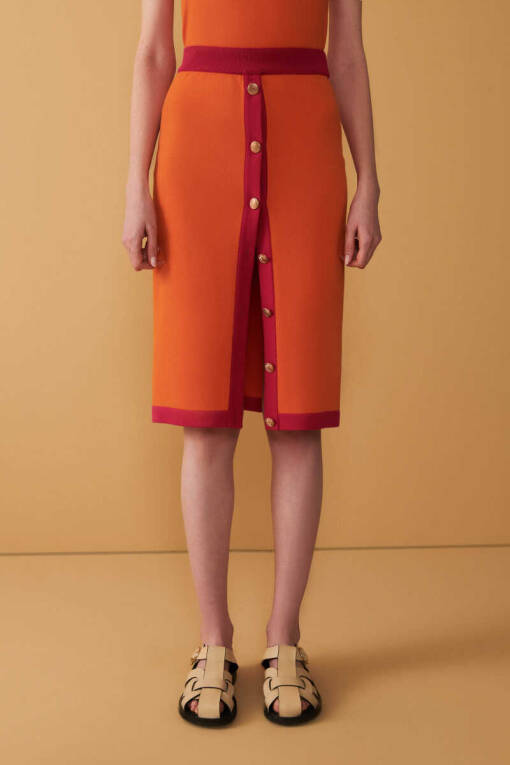 Orange Front Button Knitwear Skirt - 2
