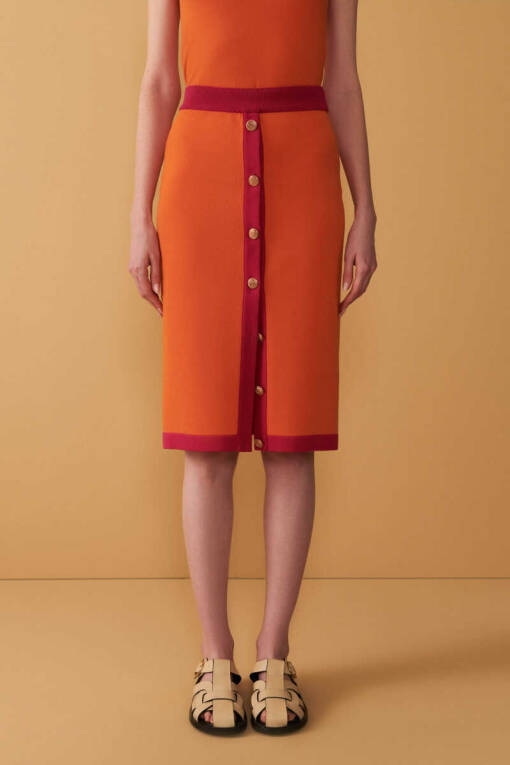 Orange Front Button Knitwear Skirt - 3