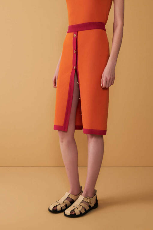 Orange Front Button Knitwear Skirt - 4