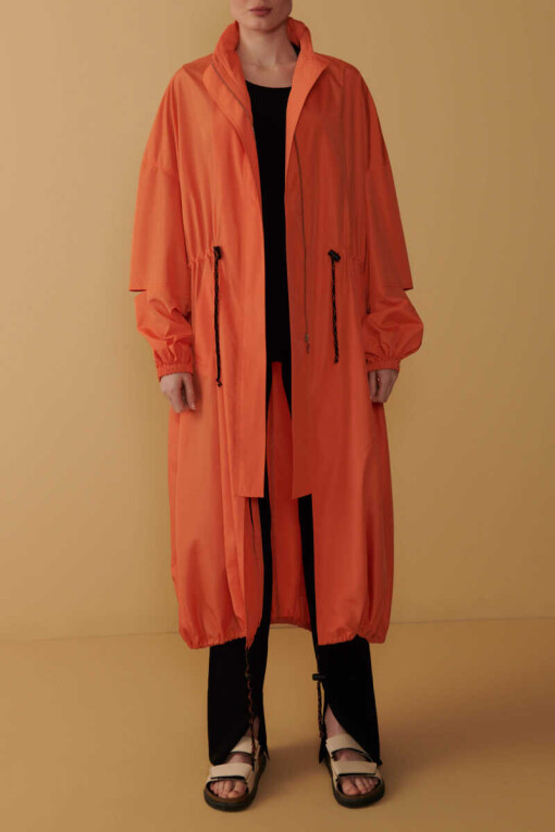 Orange Hooded Long Trench Coat 