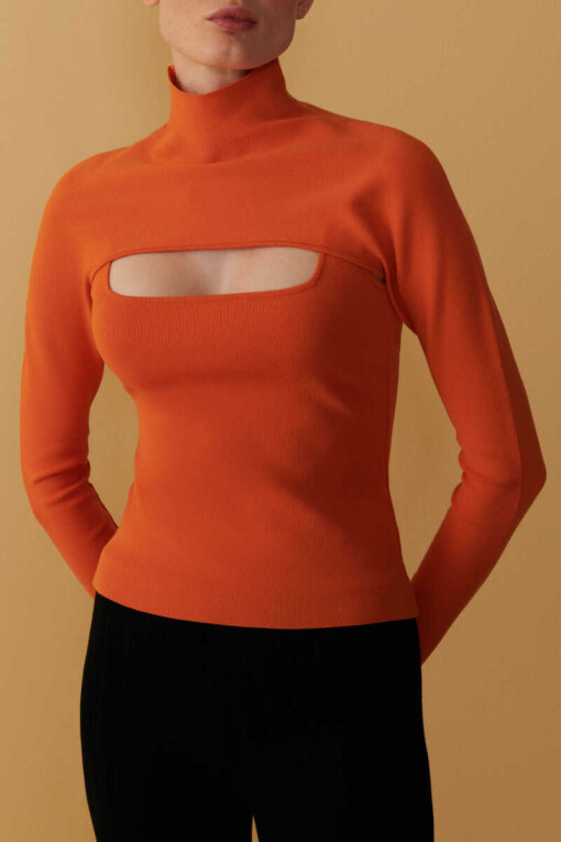 Orange Knitwear Sweater with Cleavage 