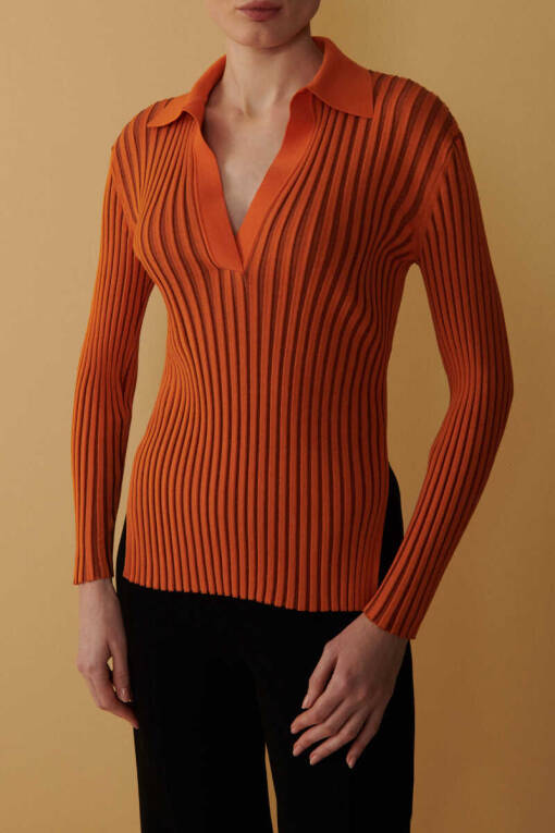 Orange Polo Rib Sweater - 2
