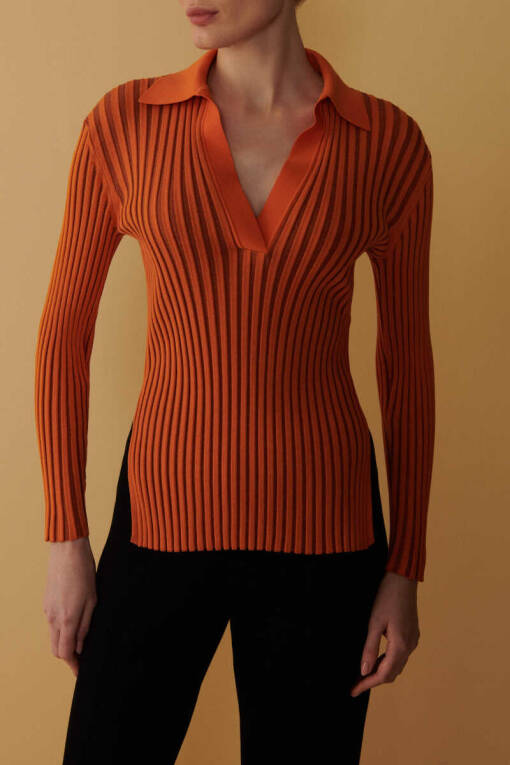 Orange Polo Rib Sweater - 3