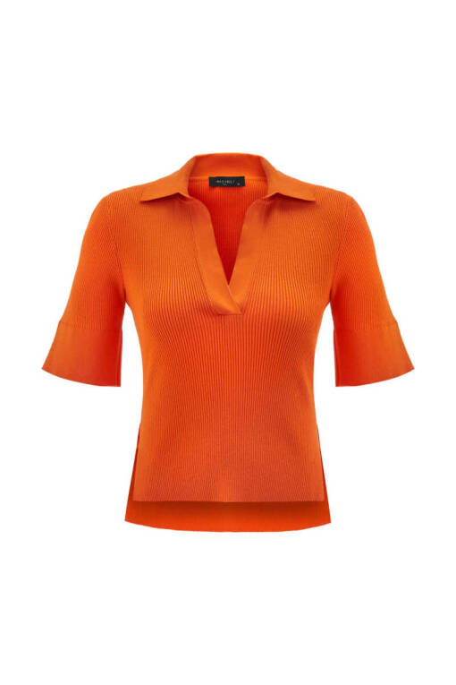 Orange Rib Knit Polo Sweater - 5