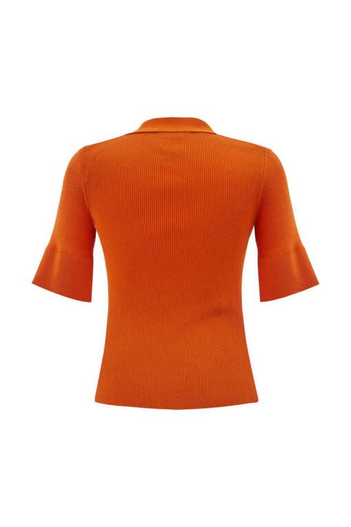 Orange Rib Knit Polo Sweater - 6