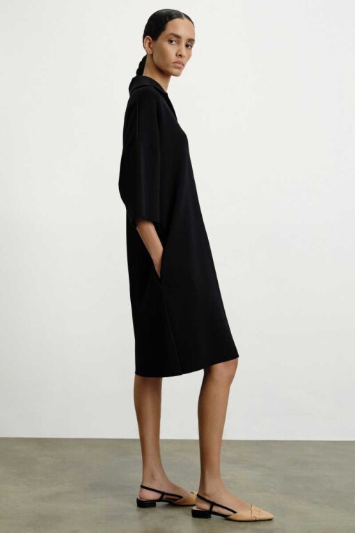 Polo Collar Black Midi Dress - 2