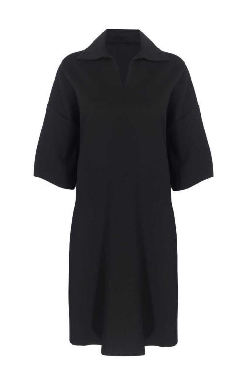 Polo Collar Black Midi Dress - 5