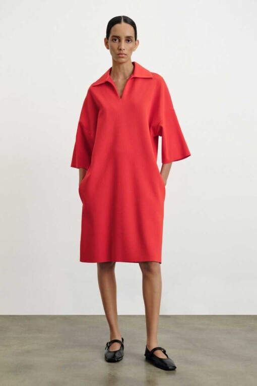 Polo Collar Red Midi Dress 