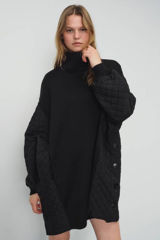 Quilted Detail Turtleneck Black Poncho - 3