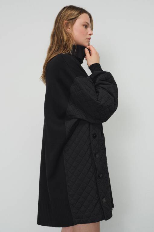 Quilted Detail Turtleneck Black Poncho - 5