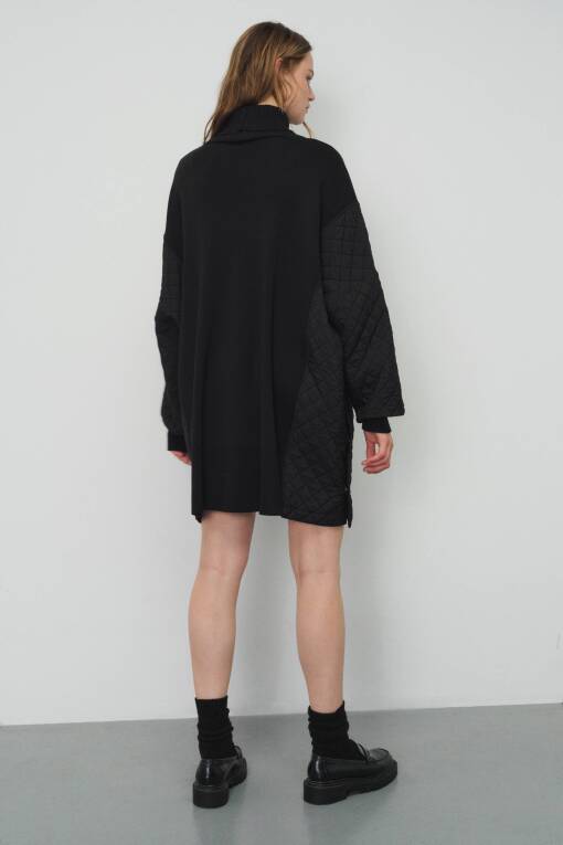 Quilted Detail Turtleneck Black Poncho - 6