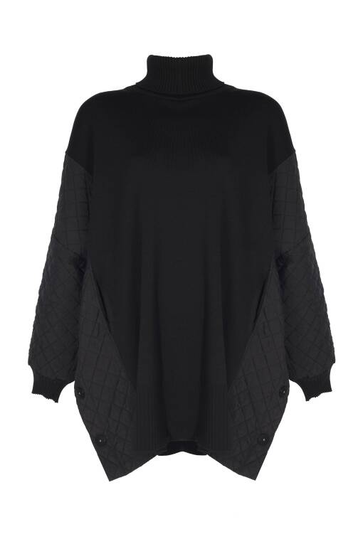 Quilted Detail Turtleneck Black Poncho - 7