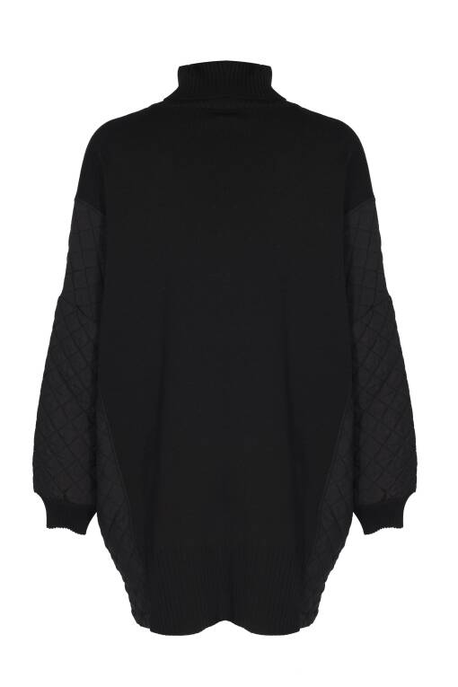 Quilted Detail Turtleneck Black Poncho - 8