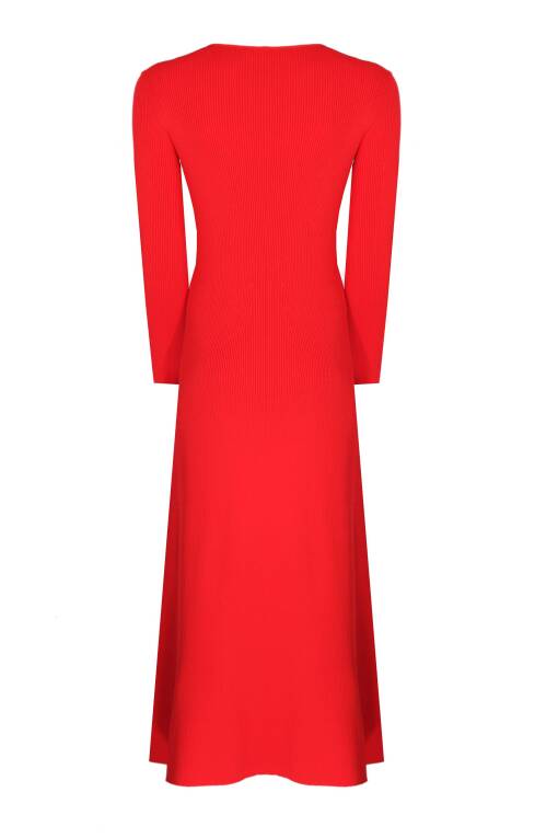 Red Long Knitwear Dress with Collar Detail - 5