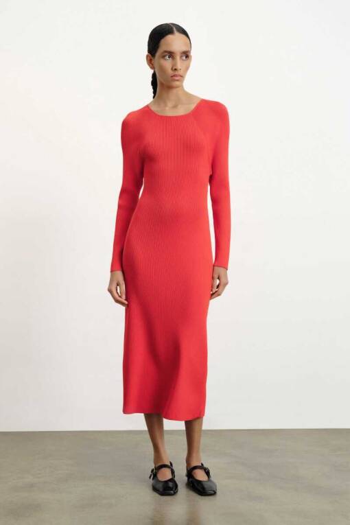 Red Knitwear Dress with Back Decollete - 1