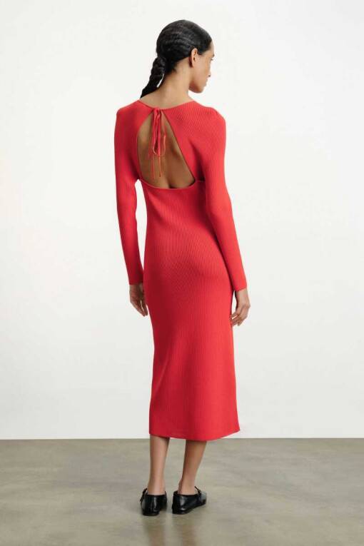 Red Knitwear Dress with Back Decollete - 3