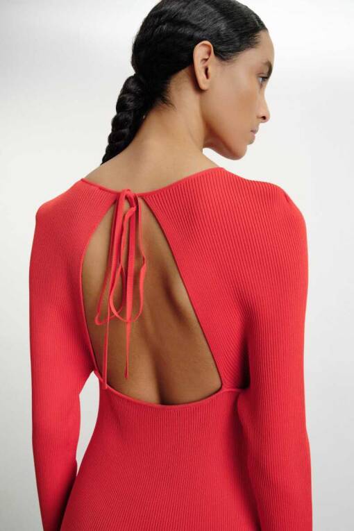 Red Knitwear Dress with Back Decollete - 4