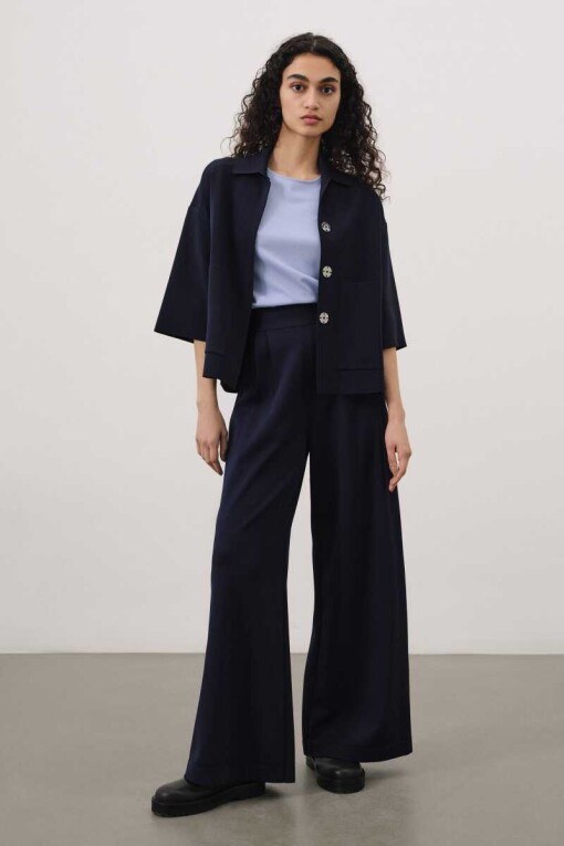 Relaxed Fit Wide Leg Dark Blue Trousers 