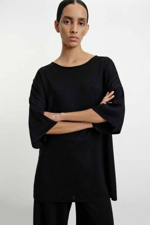 Short Sleeve Silvery Black Knit Sweater - 2