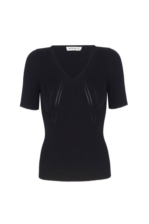 Short Sleeve V-Neck Black Sweater - 4